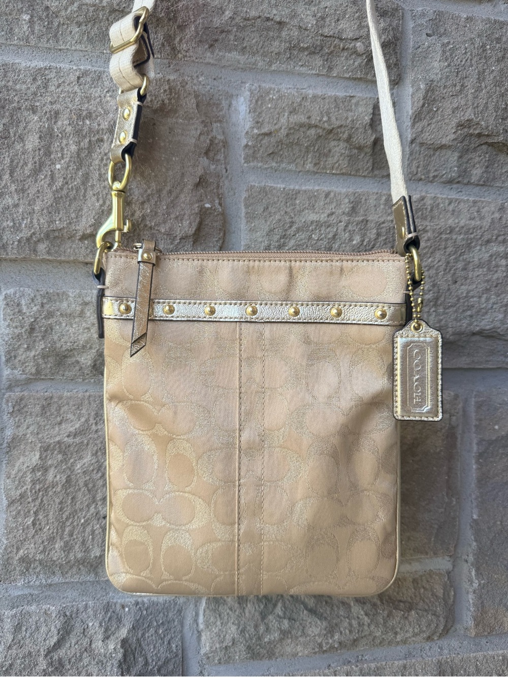 COACH Metallic Gold & Khaki Signature Jacquard Crossbody Bag